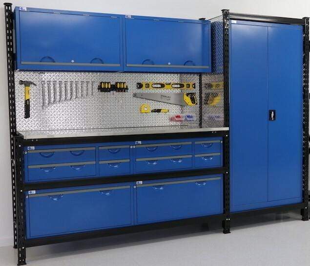 Steelspan Storage Systems Blue / Timber (MDF, 25mm) / Standard Module 10 with Overhead Cabinets - Fully Loaded Stainless Steel