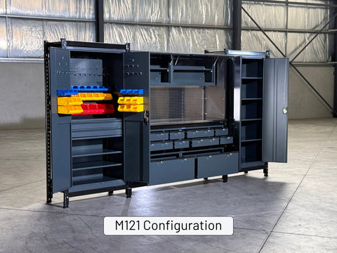 M2222 Modular Work Bench with Shelves - H3100mm x W7500mm | Laminate WBT | Blue