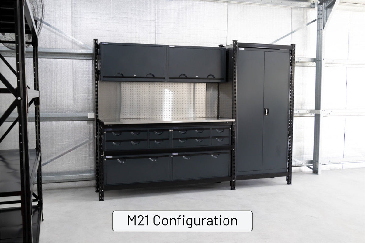 6 Module Back Box M1221-3S Modular Work Bench with Overheads & Shelves - H3100mm x W5700 ...