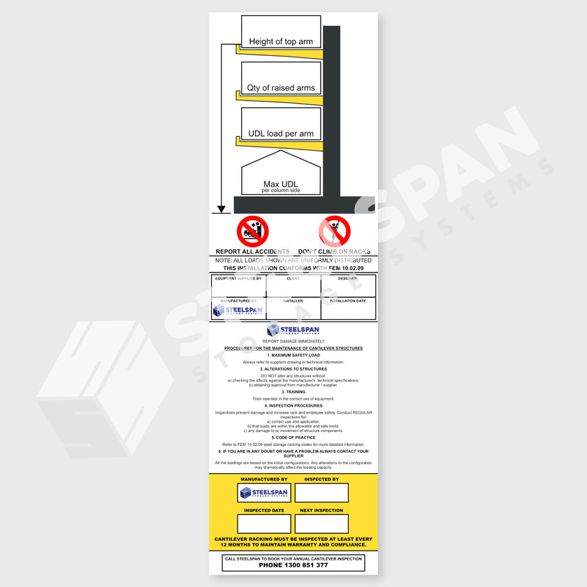 Racking System Risk Sign Cantilever Racking Working Load Limit Sign – Steelspan Storage Systems