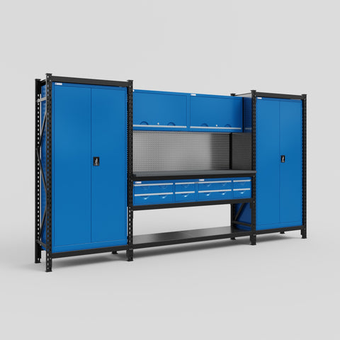M121 Modular Work Bench - H2100mm x W3840mm | Laminate WBT | Blue