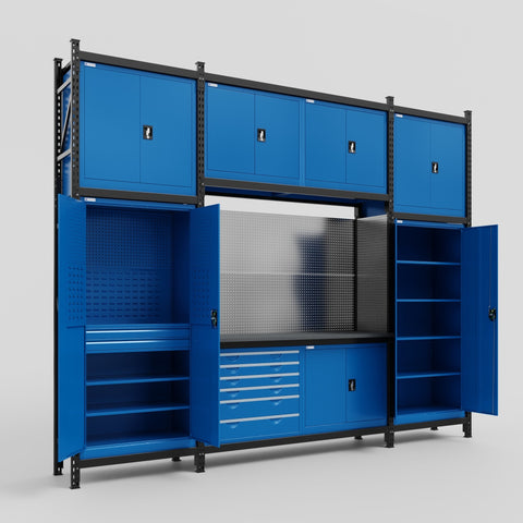 M121-3C Modular Work Bench with Overheads - H3100mm x W3840mm | Laminate WBT | Blue