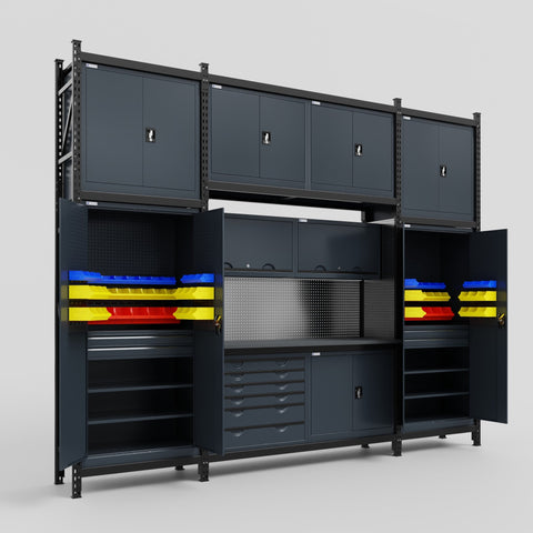 M121-3C Modular Work Bench with Overheads - H3100mm x W3840mm | Laminate WBT | Dark Grey