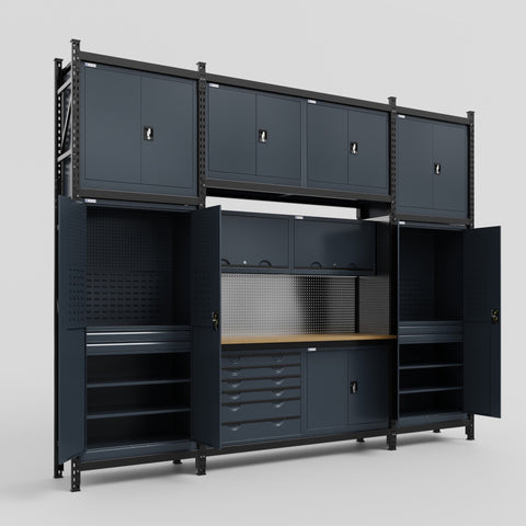 M121-3C Modular Work Bench with Overheads - H3100mm x W3840mm | MDF WBT | Dark Grey