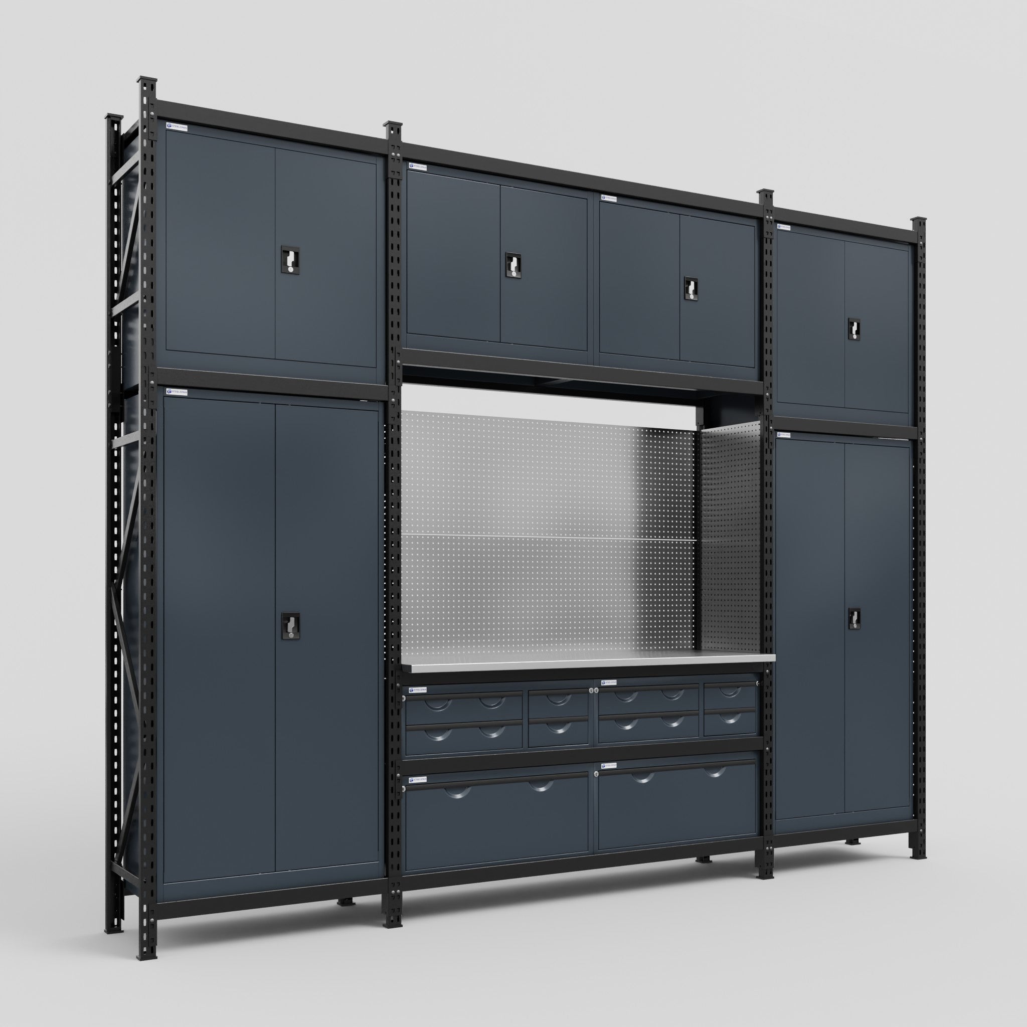 M121-3C Modular Work Bench - H3100mm x W3840mm | Dark Grey – Steelspan ...