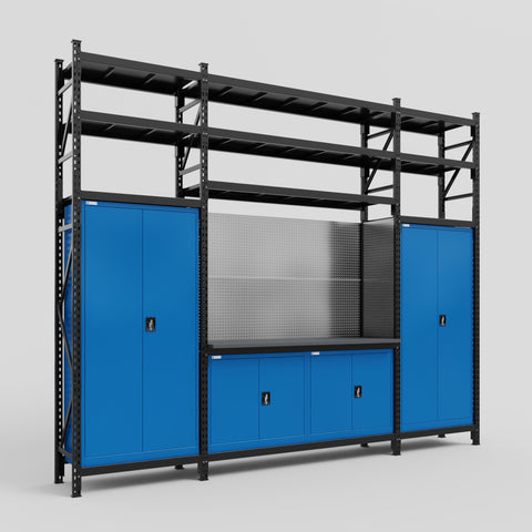 M121 Modular Work Bench with Shelves - H3100mm x W3840mm | Laminate WBT | Blue