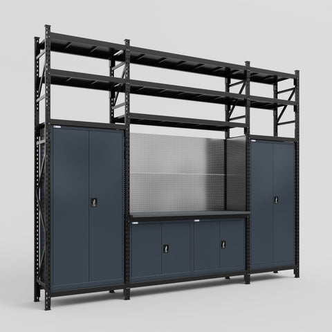 M121 Modular Work Bench with Shelves - H3100mm x W3840mm | Laminate WBT | Dark Grey