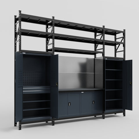 M121 Modular Work Bench with Shelves - H3100mm x W3840mm | Laminate WBT | Dark Grey