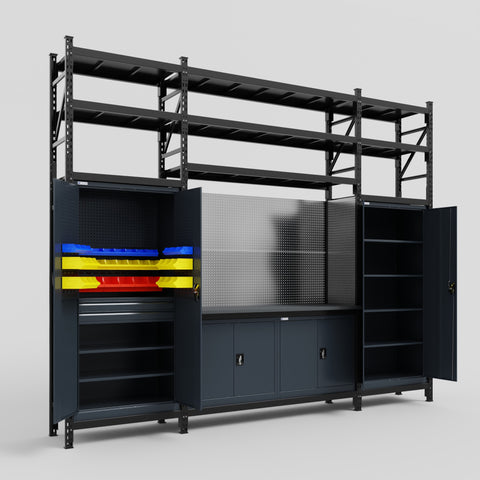M121 Modular Work Bench with Shelves - H3100mm x W3840mm | Laminate WBT | Dark Grey