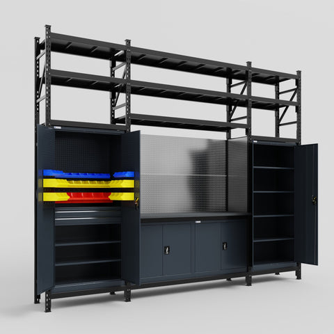 M121 Modular Work Bench with Shelves - H3100mm x W3840mm | Laminate WBT | Dark Grey
