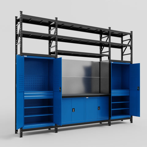 M121 Modular Work Bench with Shelves - H3100mm x W3840mm | Laminate WBT | Blue