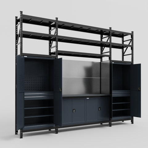M121 Modular Work Bench with Shelves - H3100mm x W3840mm | Laminate WBT | Dark Grey