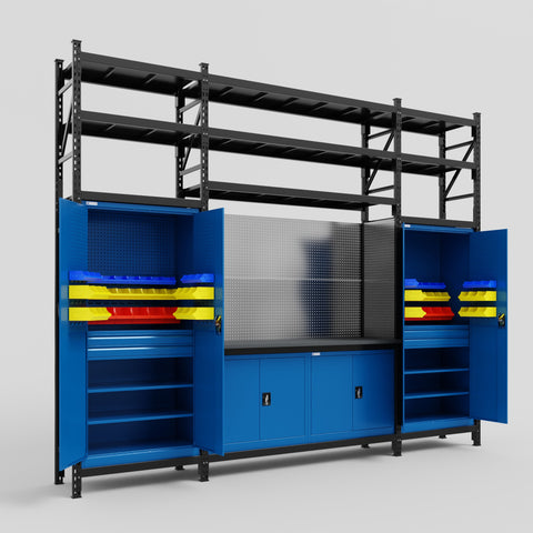 M121 Modular Work Bench with Shelves - H3100mm x W3840mm | Laminate WBT | Blue