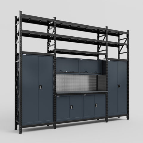 M121 Modular Work Bench with Shelves - H3100mm x W3840mm | Laminate WBT | Dark Grey