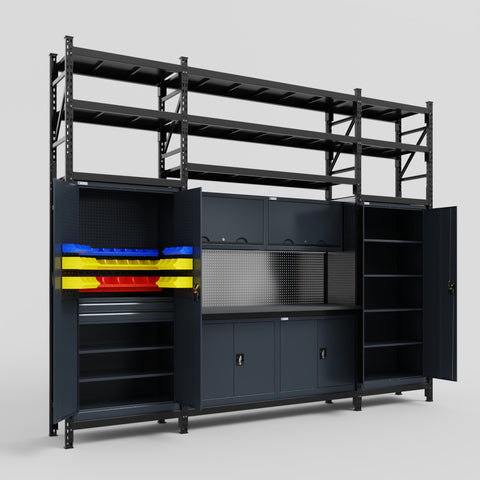 M121 Modular Work Bench with Shelves - H3100mm x W3840mm | Laminate WBT | Dark Grey