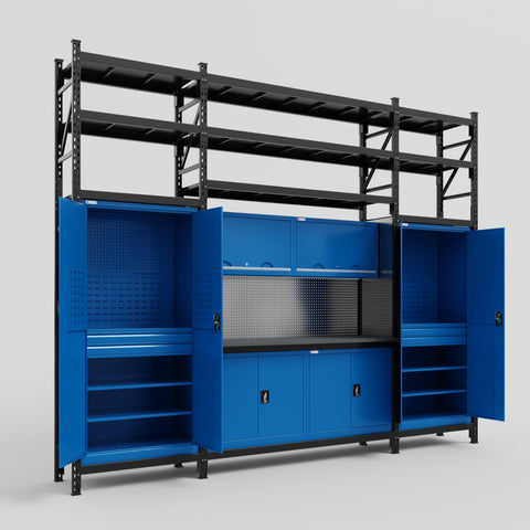 M121 Modular Work Bench with Shelves - H3100mm x W3840mm | Laminate WBT | Blue