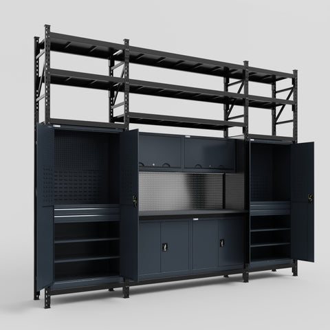 M121 Modular Work Bench with Shelves - H3100mm x W3840mm | Laminate WBT | Dark Grey