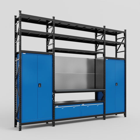 M121 Modular Work Bench with Shelves - H3100mm x W3840mm | Laminate WBT | Blue