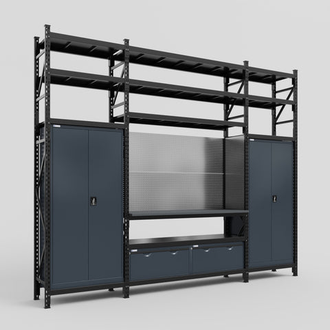 M121 Modular Work Bench with Shelves - H3100mm x W3840mm | Laminate WBT | Dark Grey