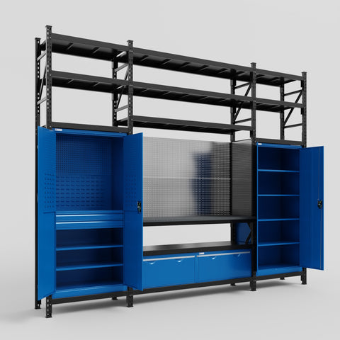 M121 Modular Work Bench with Shelves - H3100mm x W3840mm | Laminate WBT | Blue