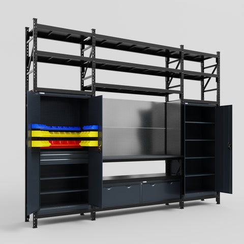M121 Modular Work Bench with Shelves - H3100mm x W3840mm | Laminate WBT | Dark Grey