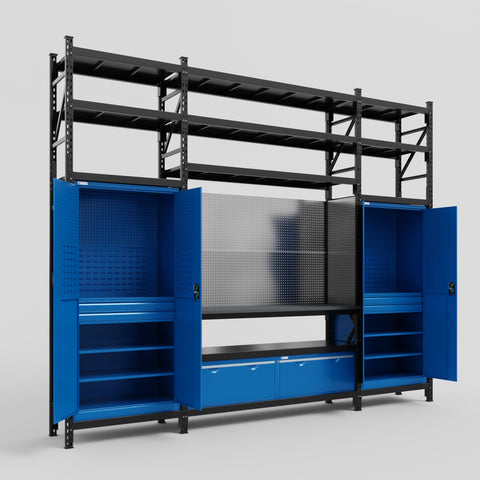 M121 Modular Work Bench with Shelves - H3100mm x W3840mm | Laminate WBT | Blue