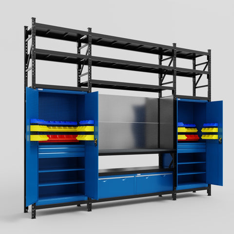 M121 Modular Work Bench with Shelves - H3100mm x W3840mm | Laminate WBT | Blue