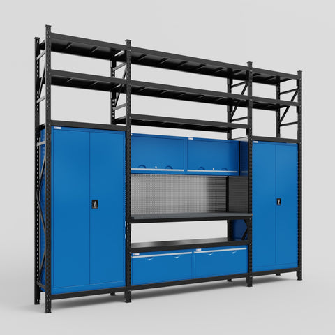M121 Modular Work Bench with Shelves - H3100mm x W3840mm | Laminate WBT | Blue