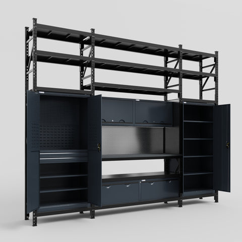 M121 Modular Work Bench with Shelves - H3100mm x W3840mm | Laminate WBT | Dark Grey