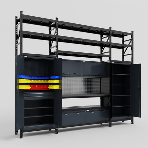 M121 Modular Work Bench with Shelves - H3100mm x W3840mm | Laminate WBT | Dark Grey