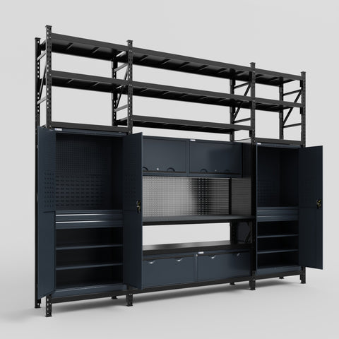 M121 Modular Work Bench with Shelves - H3100mm x W3840mm | Laminate WBT | Dark Grey