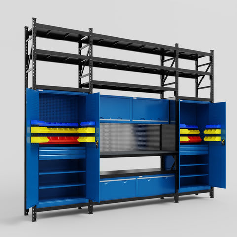 M121 Modular Work Bench with Shelves - H3100mm x W3840mm | Laminate WBT | Blue
