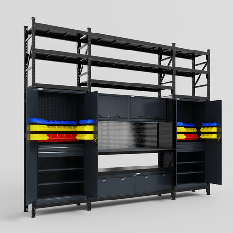 M121 Modular Work Bench with Shelves - H3100mm x W3840mm | Laminate WBT | Dark Grey
