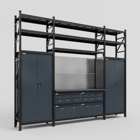 M121 Modular Work Bench with Shelves - H3100mm x W3840mm | Laminate WBT | Dark Grey