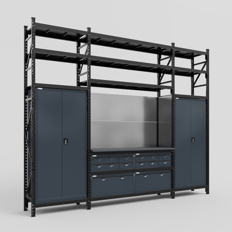 M121 Modular Work Bench with Shelves - H3100mm x W3840mm | Laminate WBT | Dark Grey