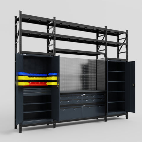 M121 Modular Work Bench with Shelves - H3100mm x W3840mm | Laminate WBT | Dark Grey