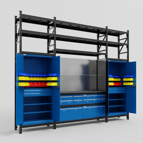 M121 Modular Work Bench with Shelves - H3100mm x W3840mm | Laminate WBT | Blue