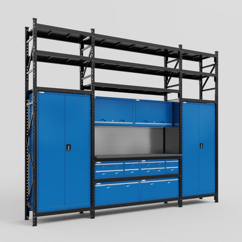 M121 Modular Work Bench with Shelves - H3100mm x W3840mm | Laminate WBT | Blue