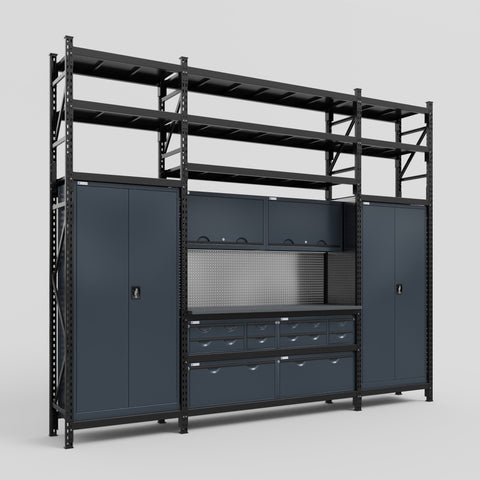 M121 Modular Work Bench with Shelves - H3100mm x W3840mm | Laminate WBT | Dark Grey
