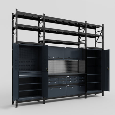 M121 Modular Work Bench with Shelves - H3100mm x W3840mm | Laminate WBT | Dark Grey