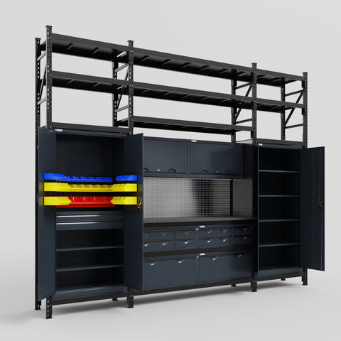 M121 Modular Work Bench with Shelves - H3100mm x W3840mm | Laminate WBT | Dark Grey
