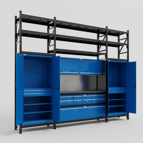 M121 Modular Work Bench with Shelves - H3100mm x W3840mm | Laminate WBT | Blue