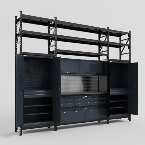 M121 Modular Work Bench with Shelves - H3100mm x W3840mm | Laminate WBT | Dark Grey