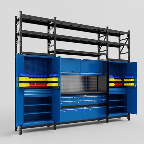 M121 Modular Work Bench with Shelves - H3100mm x W3840mm | Laminate WBT | Blue