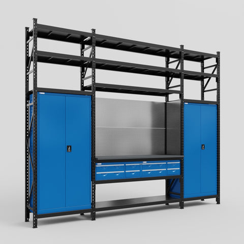 M121 Modular Work Bench with Shelves - H3100mm x W3840mm | Laminate WBT | Blue