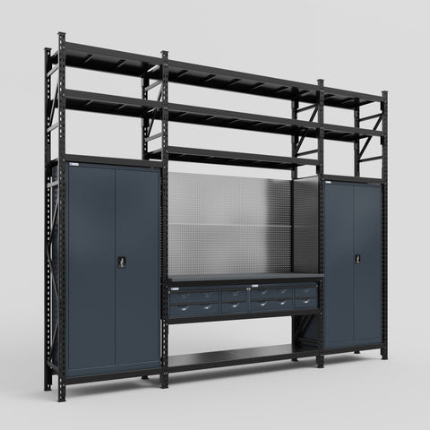 M121 Modular Work Bench with Shelves - H3100mm x W3840mm | Laminate WBT | Dark Grey