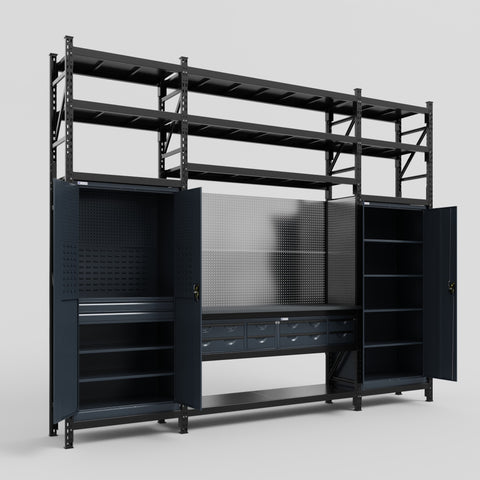 M121 Modular Work Bench with Shelves - H3100mm x W3840mm | Laminate WBT | Dark Grey