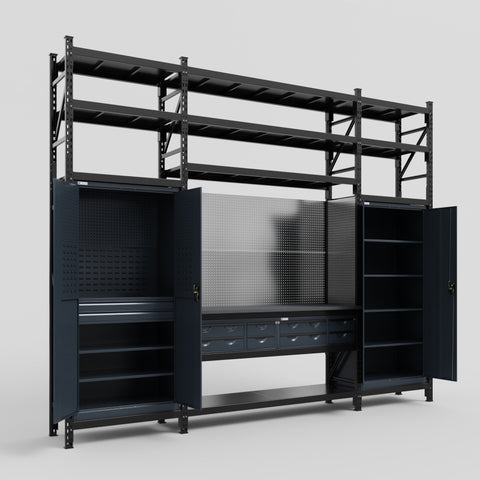 M121 Modular Work Bench with Shelves - H3100mm x W3840mm | Laminate WBT | Dark Grey