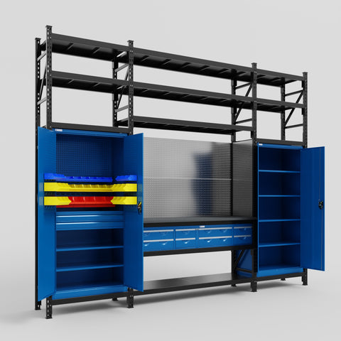 M121 Modular Work Bench with Shelves - H3100mm x W3840mm | Laminate WBT | Blue