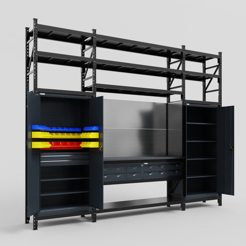 M121 Modular Work Bench with Shelves - H3100mm x W3840mm | Laminate WBT | Dark Grey